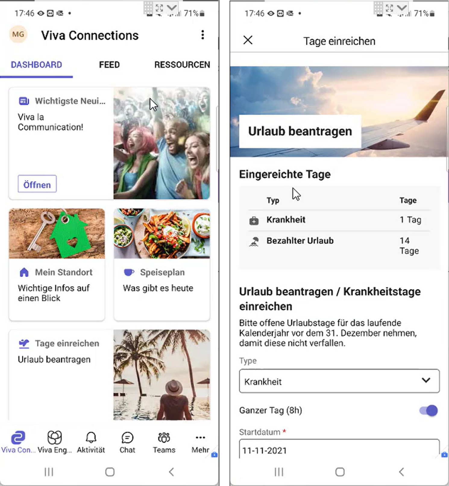 Viva Connections dashboard in mobile view