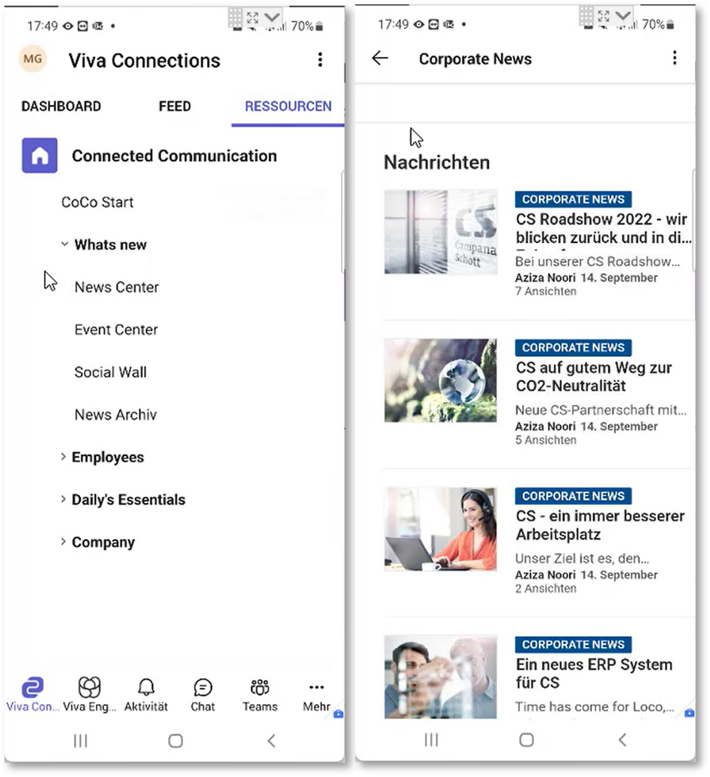 Viva Connections ressources in mobile view 