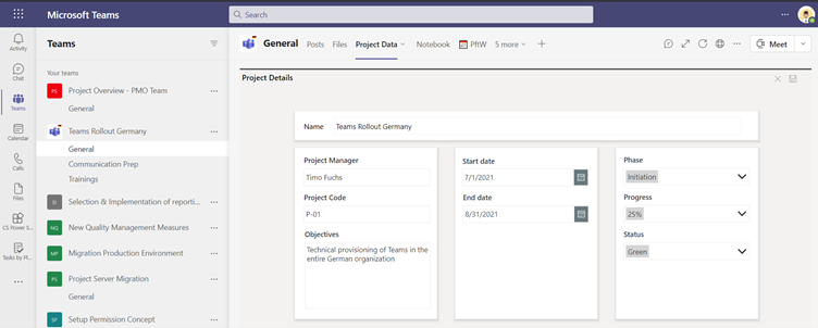 Illustration 4 – Project information integrated and editable in Microsoft Teams